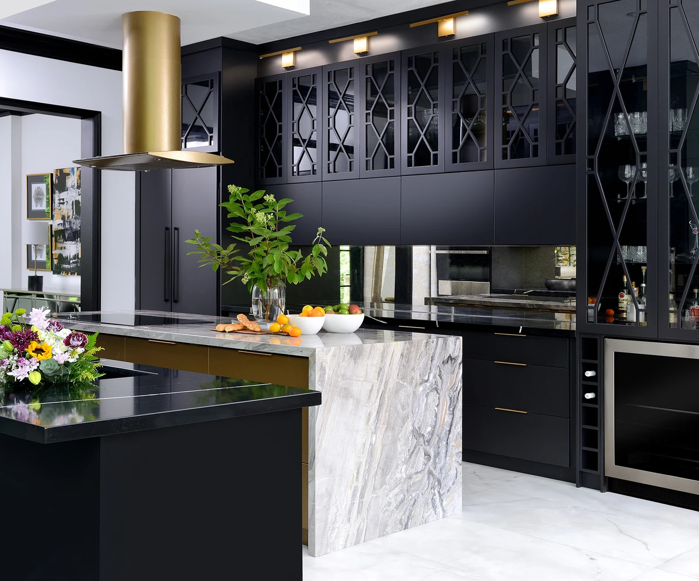 Elegant black kitchen with marble island